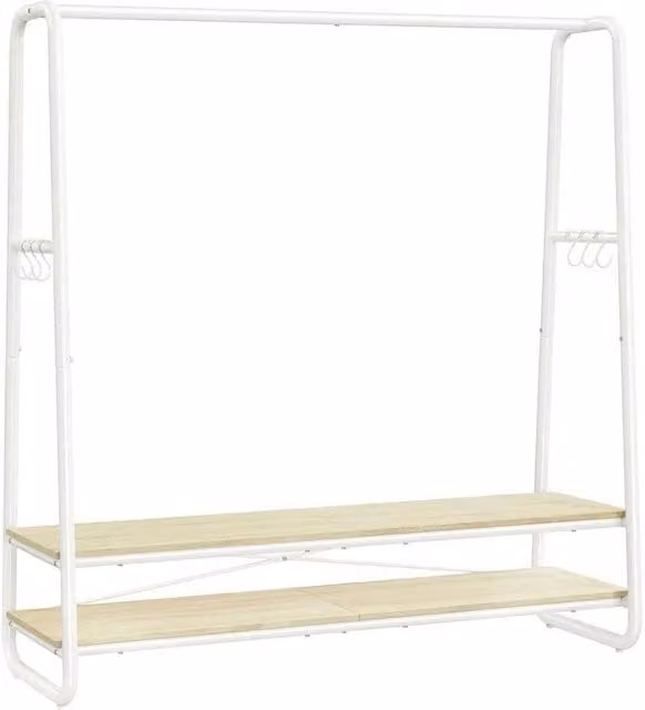 VOGREX White and Beige Open Wardrobe with Clothes Rail, 2 Shelves and Side Hooks, W: 138 cm, D: 45 cm, H: 160 cm
