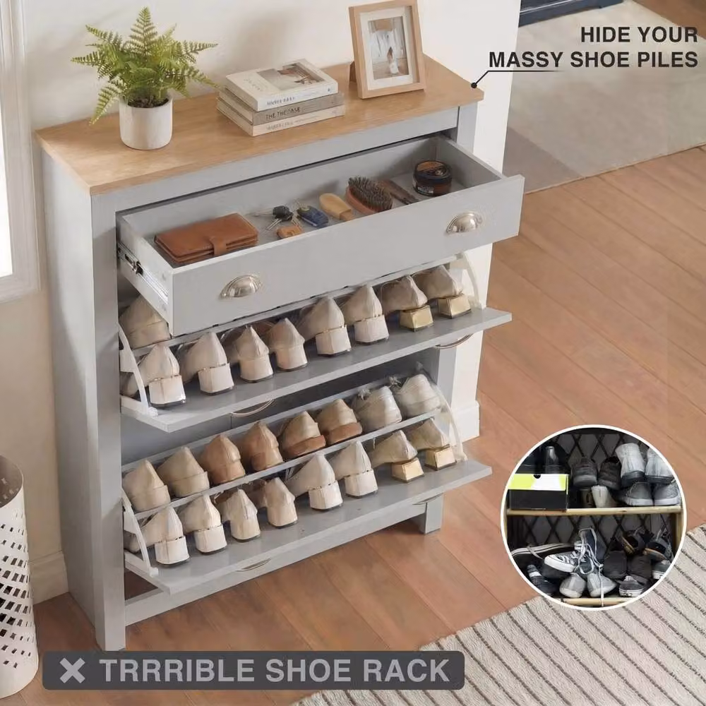 FLAVORA Modern Grey Wooden 3 Drawer Shoe Cabinet for Hallways, W: 100 cm x H: 100 cm – 3