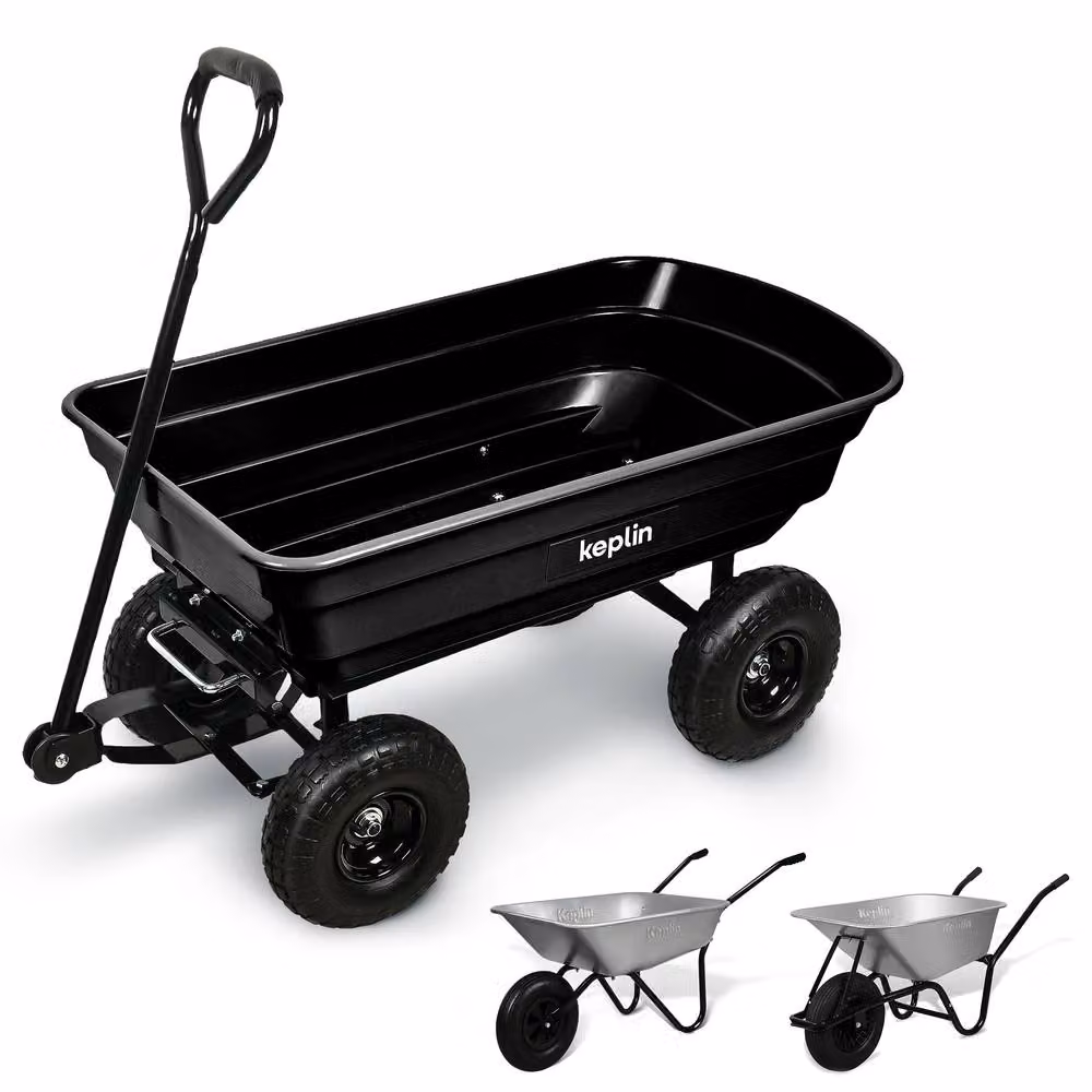 Keplin 75L Garden Cart with Pneumatic Tyres, 4 Wheel Trolley in Black – 6