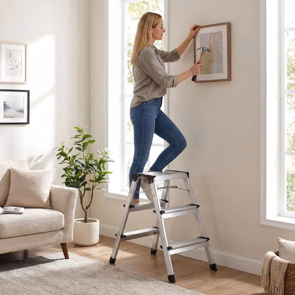 Costway Dual-Sided 3 Step Aluminium Folding Ladder in Silver – 4