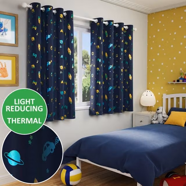 Enhanced Living Infinity Room Darkening Thermal Blue Metallic Print Eyelet Curtains, Blue, Width: 183 cm, Height: 183 cm