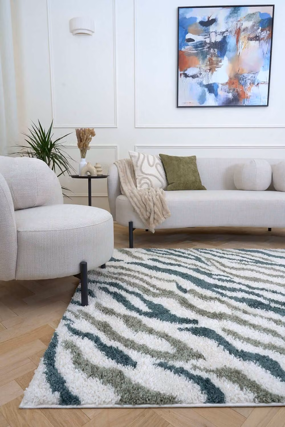 THE RUGS Moodi Abstract Design Shaggy Soft High Pile Round Living Room Rug in Green, Diameter: 120 cm – 2