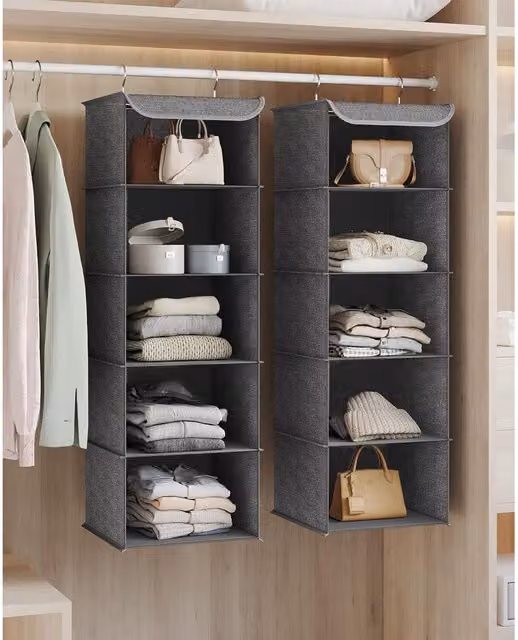 SONGMICS Set of 2 Foldable Hanging Wardrobe Clothes Organisers in Grey
