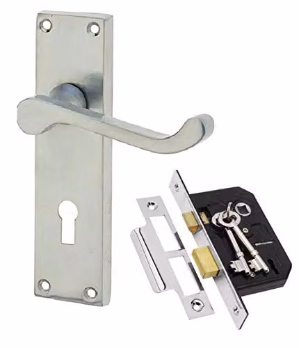 Golden Grace Victorian Scroll Door Handle Lock Set in Silver Satin Brushed Chrome