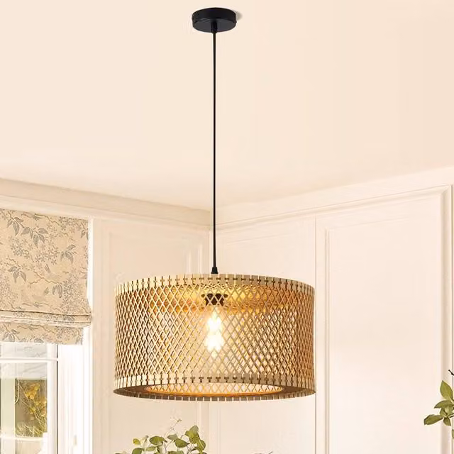 Garwarm Natural Wood Caged Pendant Light, Boho Farmhouse Style, Sand and Brown, E27, Dimmable and Adjustable