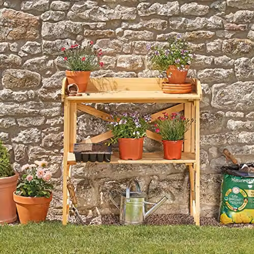 Garden Gear Two-Tier Wooden Potting Bench and Greenhouse Workstation in Natural Brown, W: 40 cm, D: 40 cm, H: 84.5 cm – 2