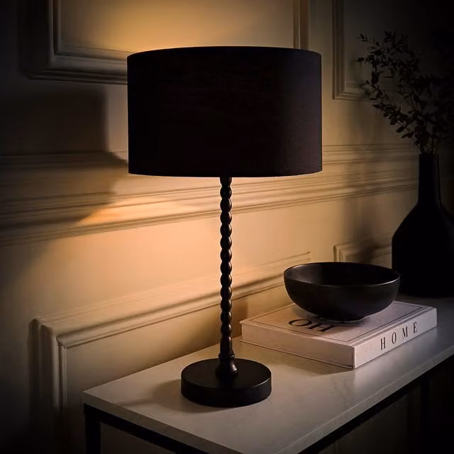 ValueLights Maeve Black Bobble Table Lamp with Fabric Drum Shade and LED Bulb