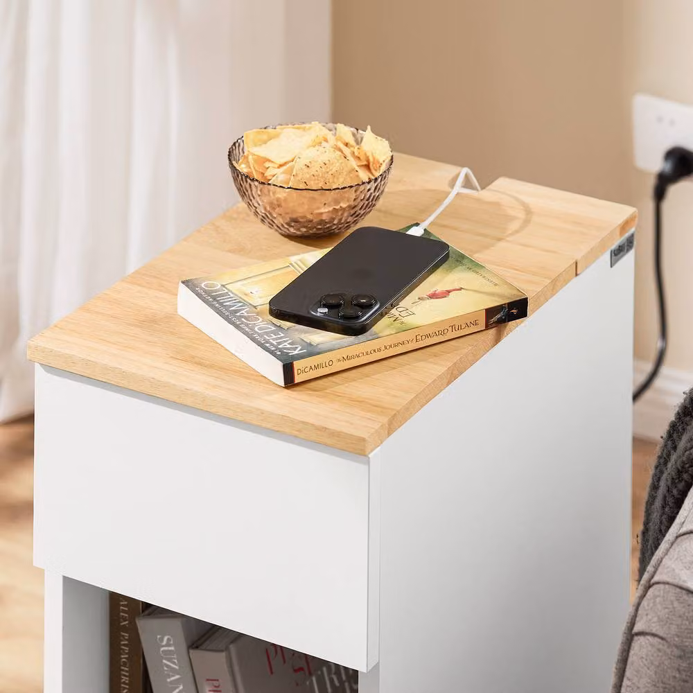 SoBuy Slim Nightstand with Wooden Top and Cable Grommet in White – 3