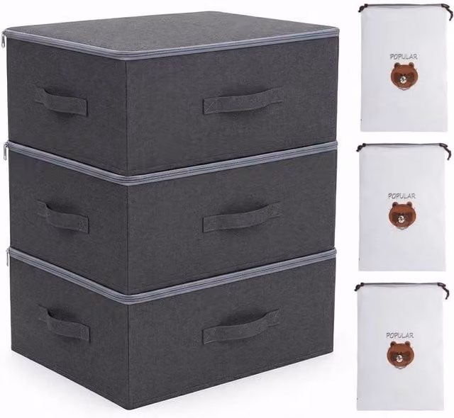 FLAVORA 3 Pack Fabric Storage Boxes with Lids, Foldable and Stackable, Grey, W: 50 cm – 1