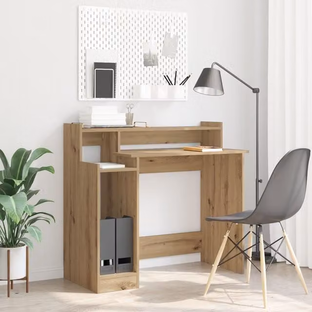 Berkfield Modern Writing Desk with Storage Shelf in Brown Artisan Oak Engineered Wood – 1