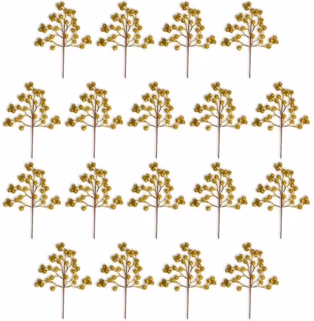 Shatchi Gold Glitter Artificial Berry Picks for Christmas Decor, 18 Pack, Height: 45 cm