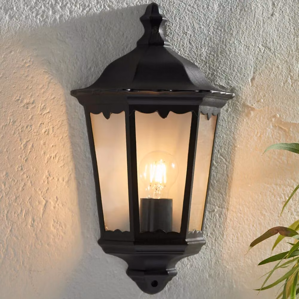 Loops IP44 Black Traditional Lantern Outdoor Wall Light with Transparent Glass – 3