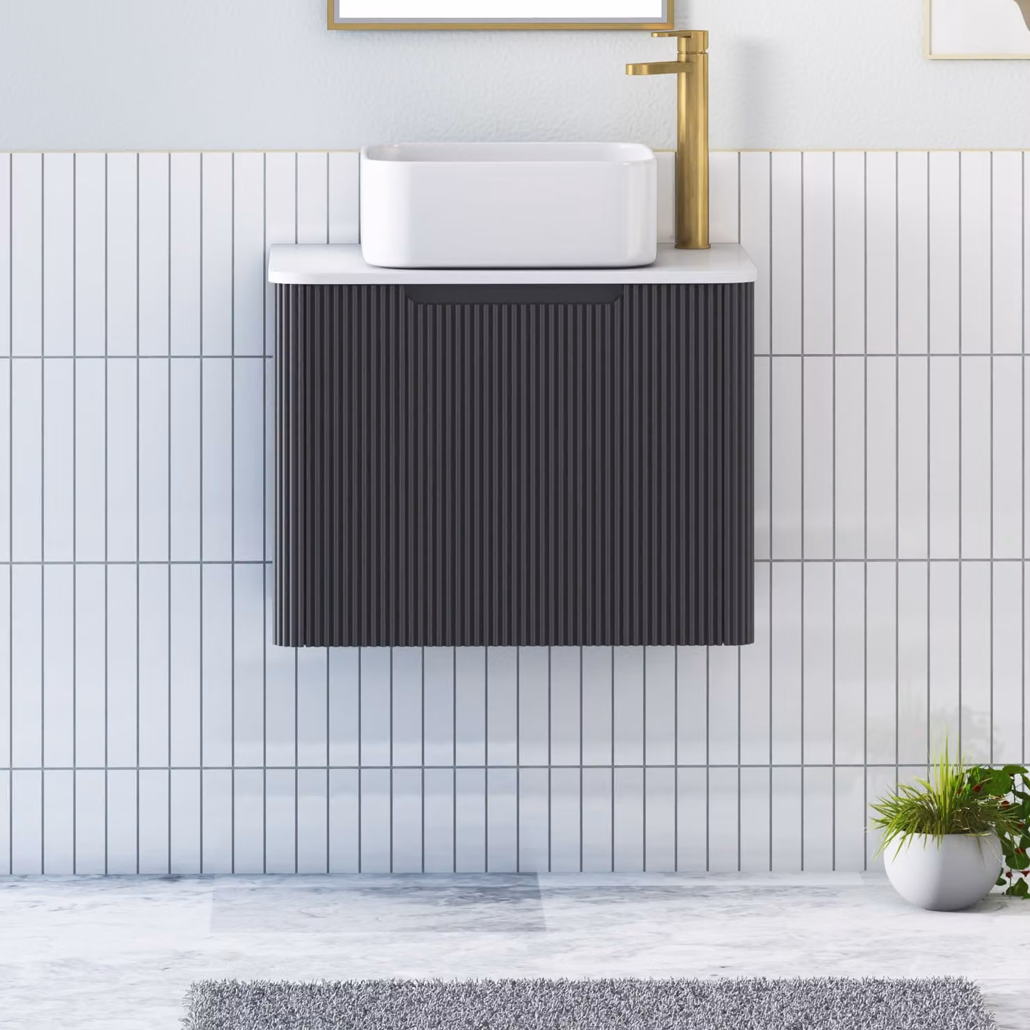 Royal Bathrooms Avenza Wall Hung Vanity Unit with Elena Basin, Matt Obsidian Black and Plain White Worktop, Width: 60 cm