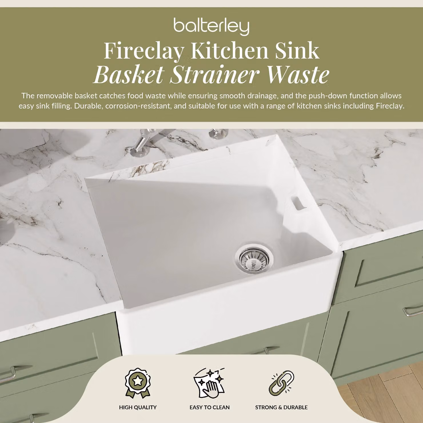 Balterley Kitchen Sink Waste Kit with Stainless Steel Basket Strainer and 1 1/2 inch Pipe, Chrome, W/D/H: 11.5 x 11.5 x 6.3 cm – 2