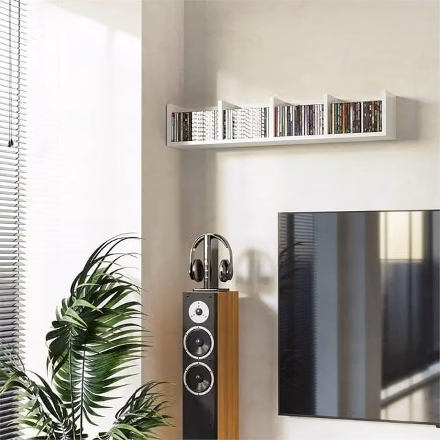 EONLION White Modern Wall Mounted Media Storage Shelf with CD Compartments, Width: 60 cm
