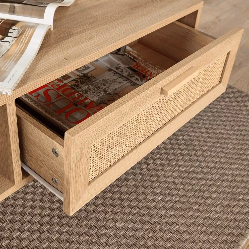 FORGEVIO Mid-Century Rectangular Coffee Table with Rattan Front Drawer and Open Shelf in Brown – 3