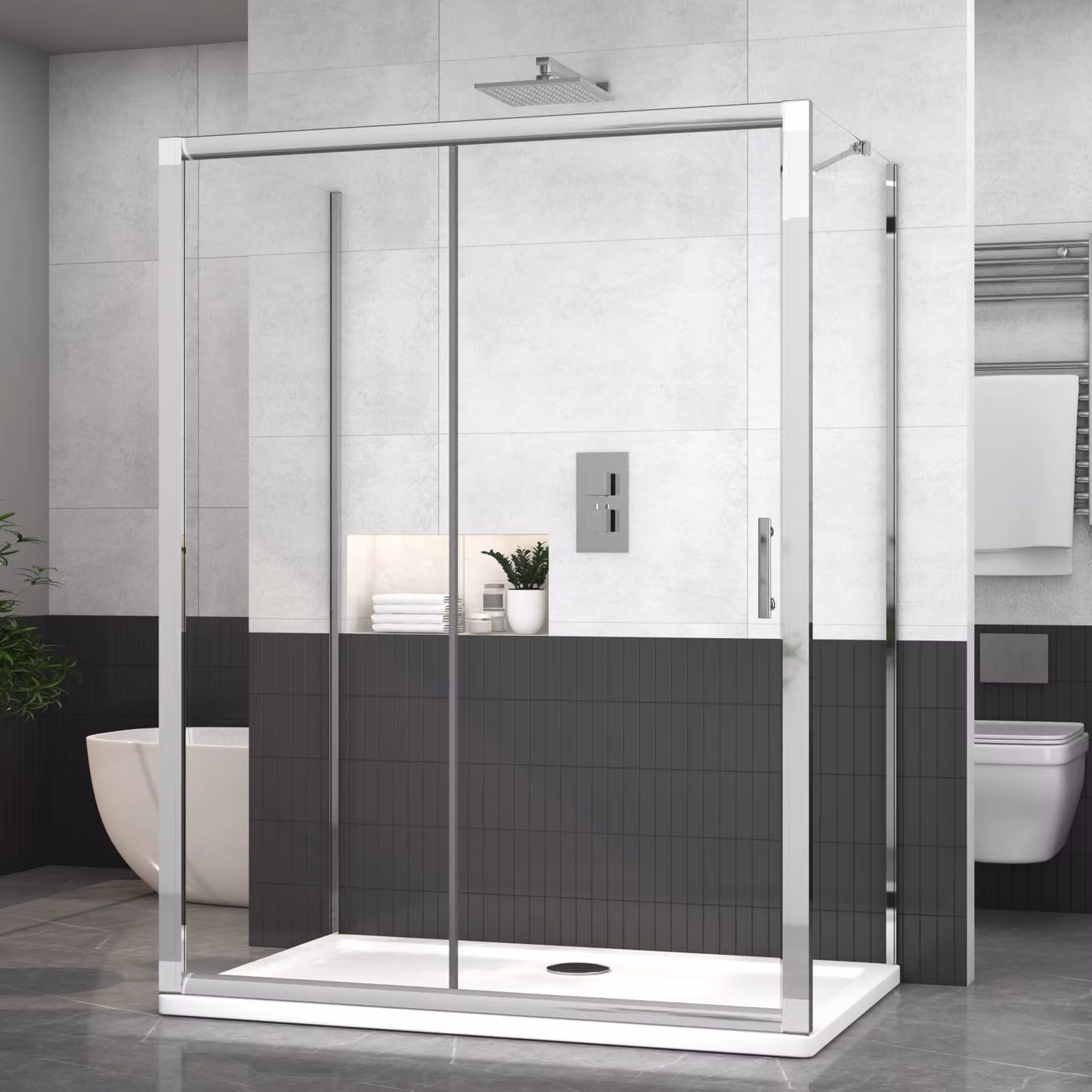 Royal Bathrooms Grand 3-Sided Rectangular Sliding Door Shower Enclosure, Transparent Glass with Silver Trim, W: 140 cm x D: 90 cm