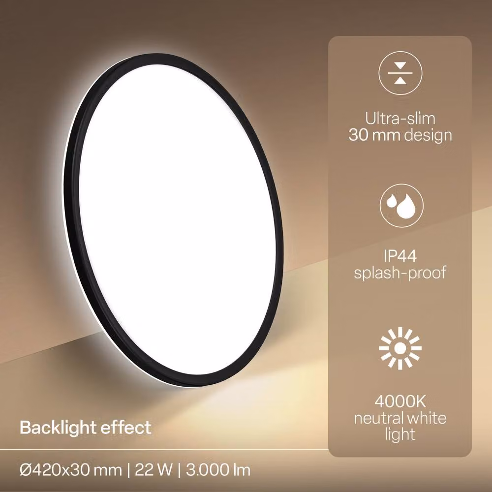 B.K.Licht Black LED Slim Panel Ceiling Light for Bathroom and Living Room, 22W, 3000lm, 4000K, IP44, W/D/H: 42 x 42 x 3 cm – 3