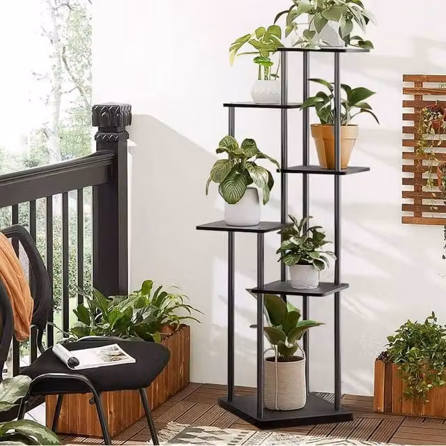 Garden Sanctuary 6-Tier Black Metal and MDF Plant Stand for Indoor and Garden Display