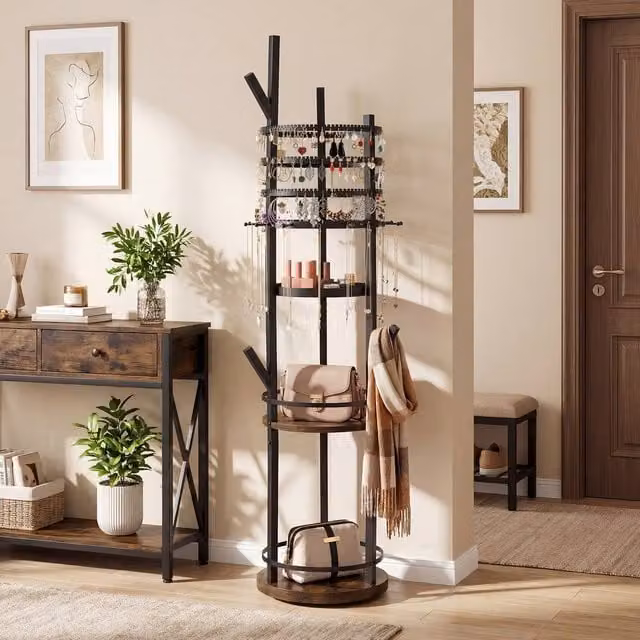Costway Rotating Jewelry Display Tower with Earring and Necklace Holder in Brown – 1