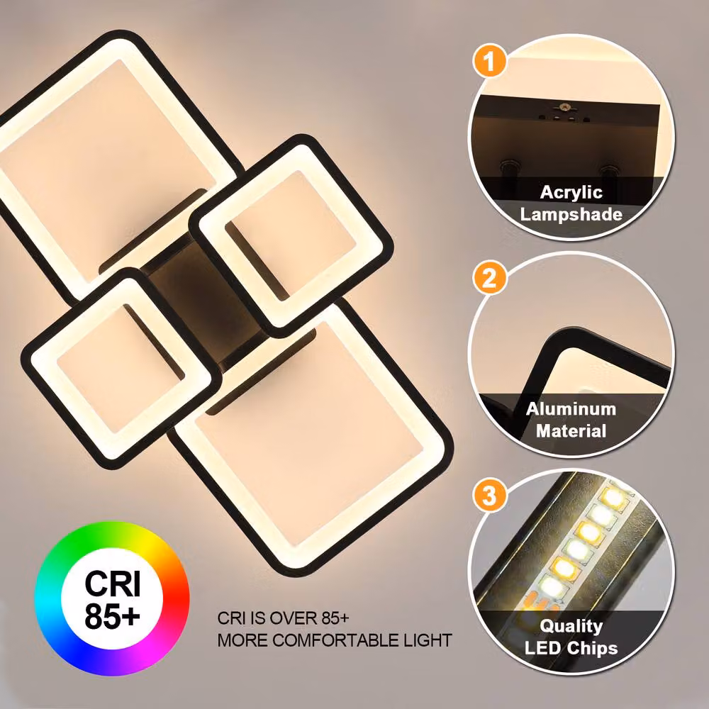 COMELY Modern Square LED Ceiling Light, 54W Dimmable Flush Mount with Remote Control, Black – 3