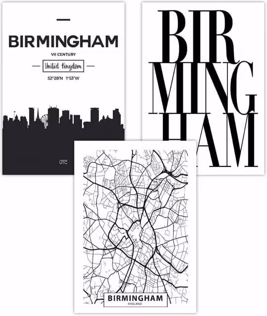ARTZE Set of 3 Birmingham Skyline Street Map City Art Posters in Black and White, W: 59 cm, H: 84 cm