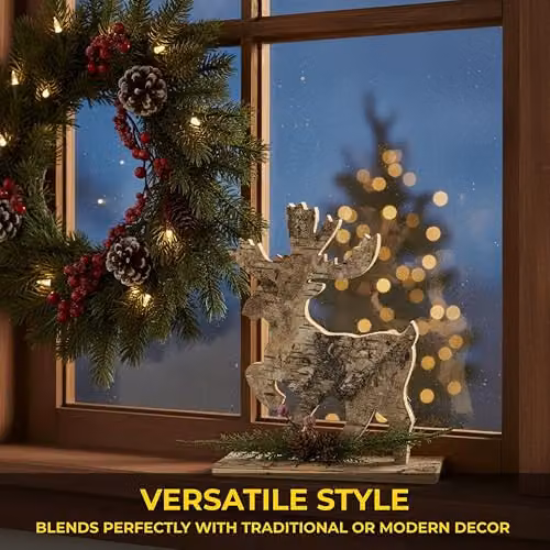 SHATCHI Rustic Reindeer Shape Birch Bark Wooden Christmas Tree Decoration, Height: 20 cm – 4