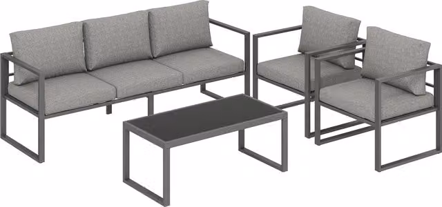 Outsunny 4 Piece Grey Outdoor Garden Furniture Set with 3-Seater Sofa, Armchairs and Glass Coffee Table – 1