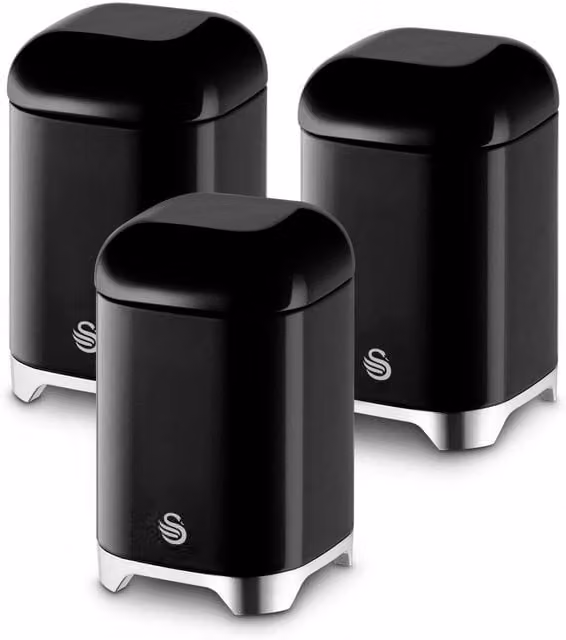 Swan Set of 3 Solid Black and Transparent Stainless Steel Canisters