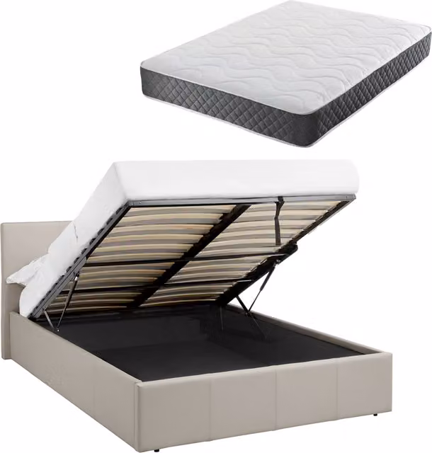 Luna 4ft Small Double Ottoman Bed in Beige Faux Leather with Hybrid Spring and Foam Mattress, W/D/H: 120 x 200 cm