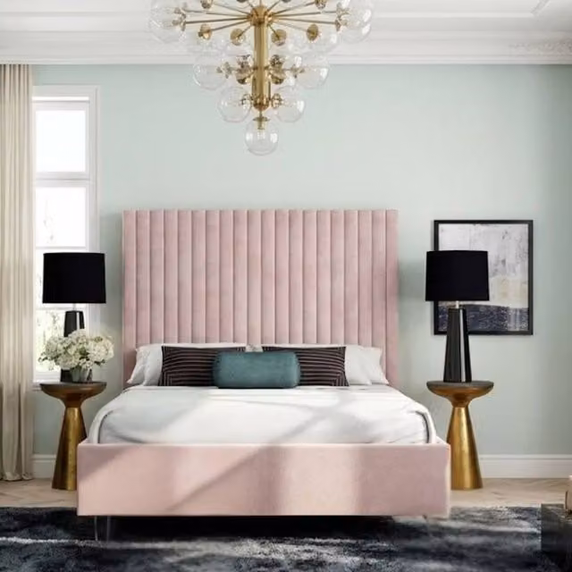 Stratus Interiors Romana Contemporary Upholstered Paneled Bed Frame in Pink, King Size