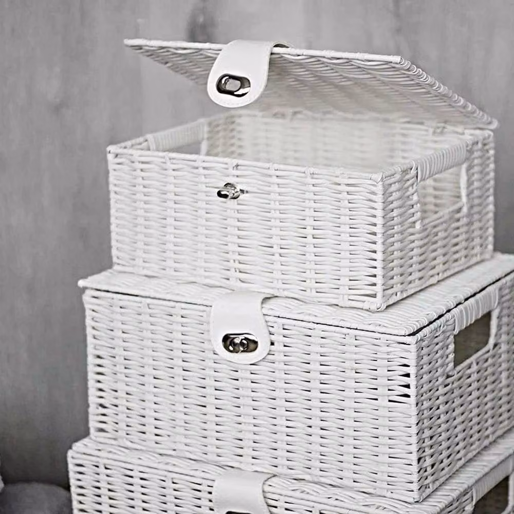Havendro Set of 3 White Wicker Resin Stackable Laundry Hamper Baskets with Lids and Handles – 3