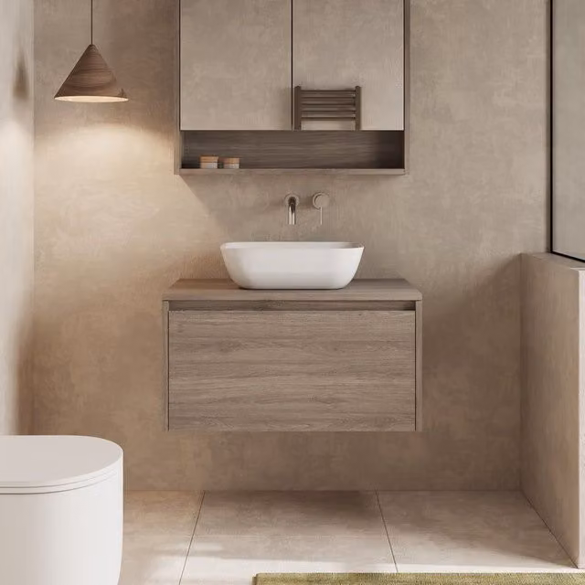 Banyetti Mino 800mm Wall Hung Vanity Unit with Matching Worktop in Nebraska Oak Dark Brown