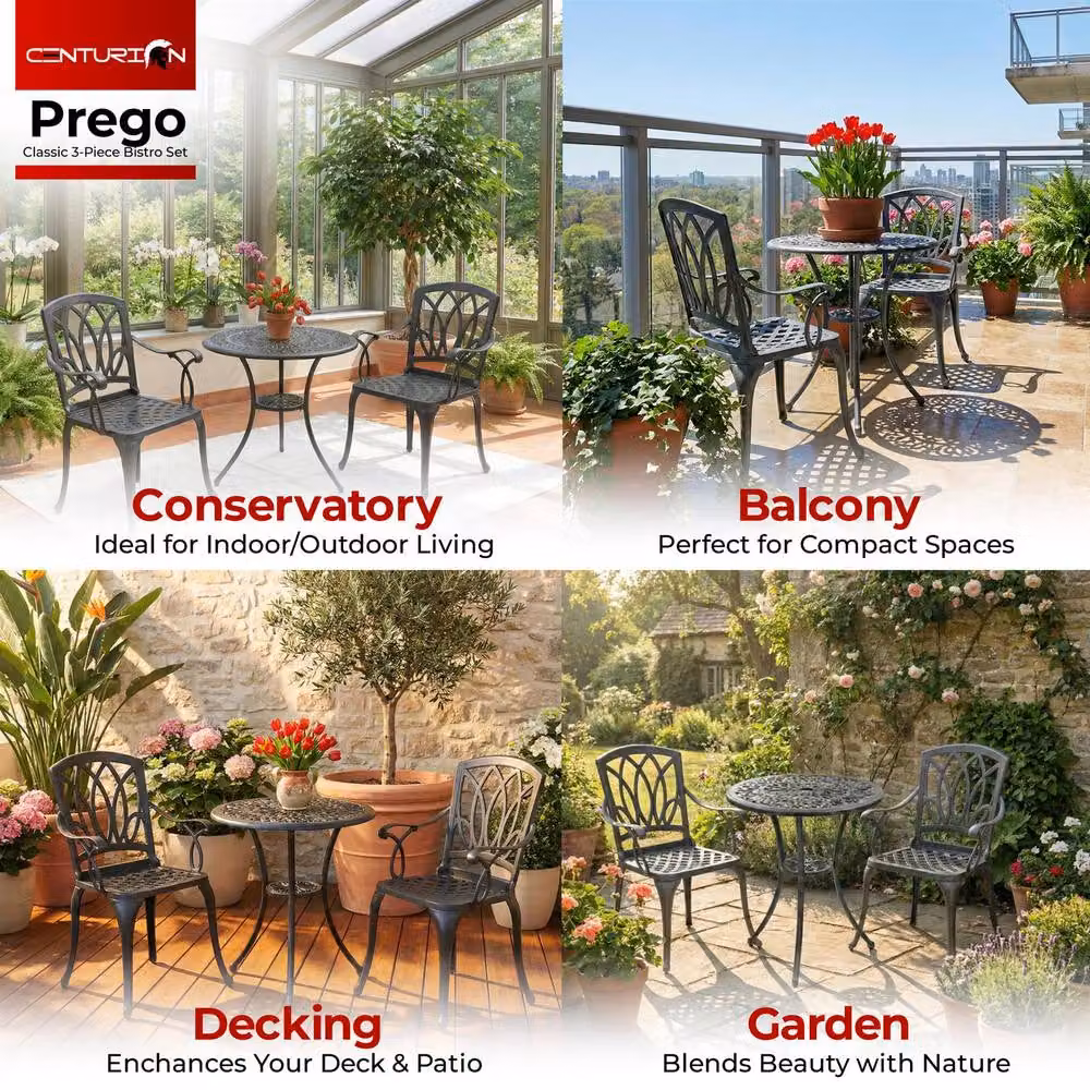 Centurion Supports Positano Grey Cast Aluminium Bistro Set with Round Table and 2 Chairs – 3
