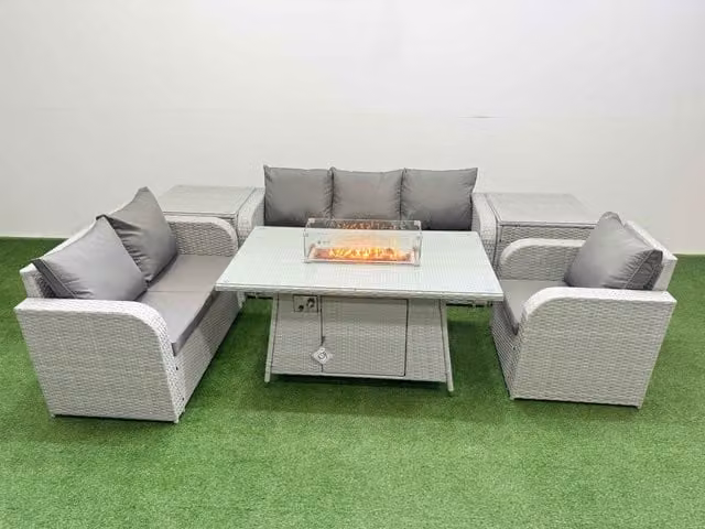 Fimous Patio 6 Seater Grey PE Wicker Rattan Outdoor Furniture Set with Firepit Dining Table, Reclining Chair, Loveseat, 3 Seater Sofa and 2 Side Tables