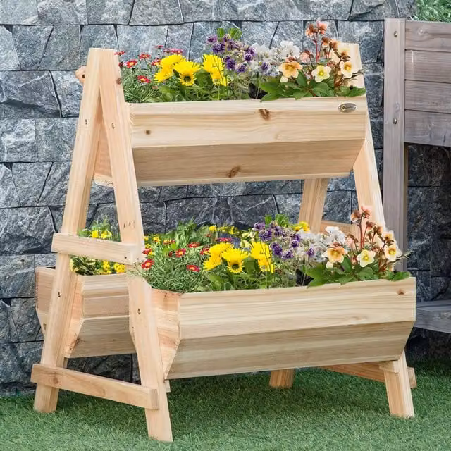 Outsunny Wooden Raised Garden Bed Planter Box in Brown and Yellow