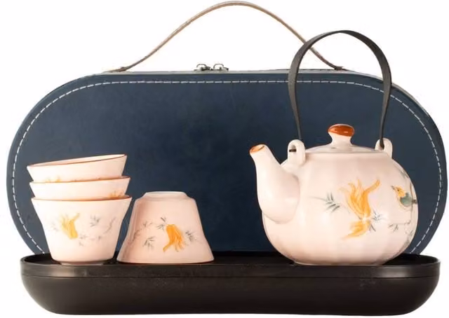 KDMD Pink Vintage Pumpkin Style Ceramic Travel Teapot Set with Four Floral Cups – 1