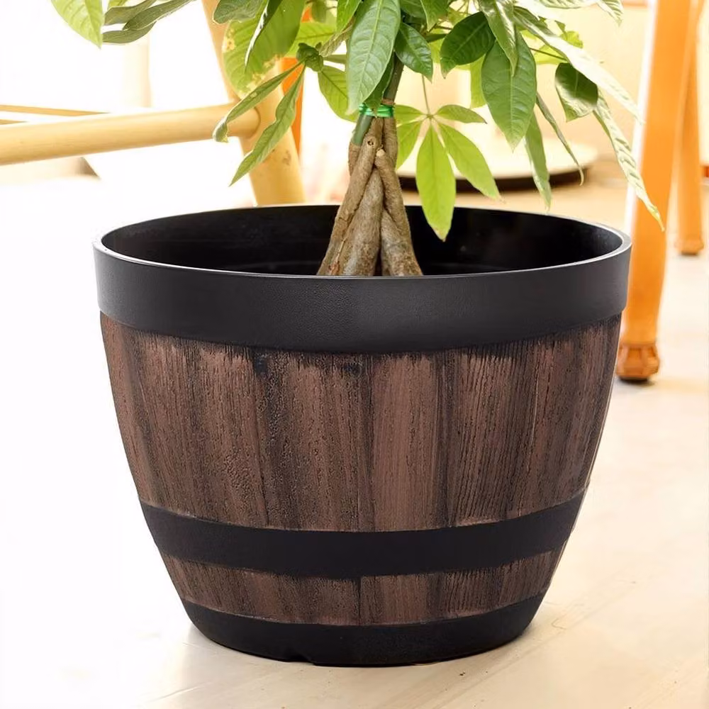 NESTLUNE Set of 4 Brown Barrel Planter Pots for Garden and Indoor Plants – 3
