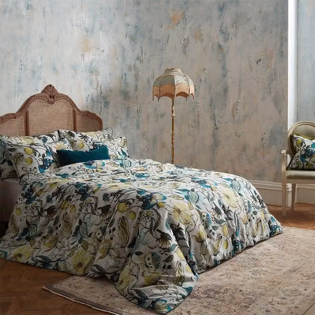Edinburgh Weavers Morton Floral Mako Satin Cotton Duvet Cover Set, Petrol/Turquoise Multicolour, 140 x 200 cm