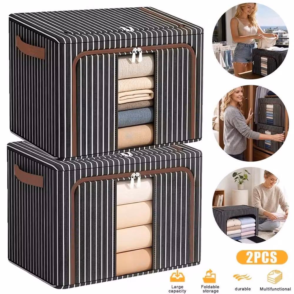 FLAVORA Set of 2 Black Folding Storage Boxes, 100L Each, Made of Fabric and Metal – 4