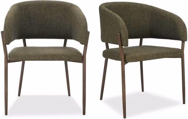 NESTLUNE Set of 2 Green Fabric Upholstered Mid-Century Dining Chairs with Armrests and Metal Frame