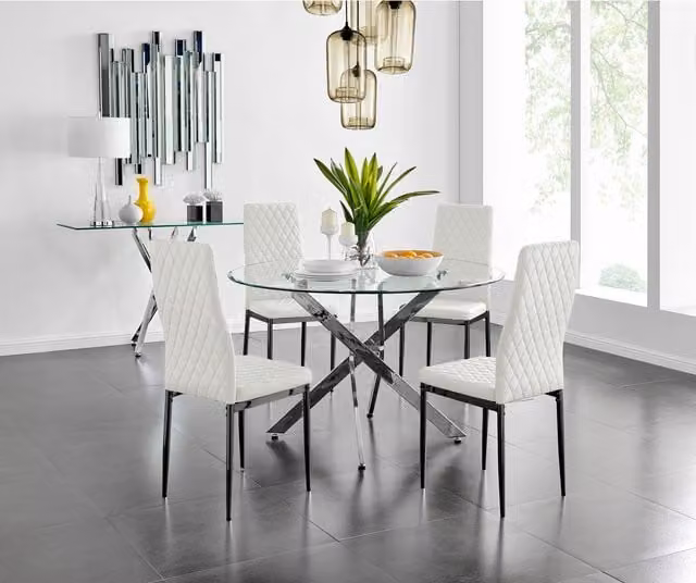 FurnitureboxUK Novara Round Glass Dining Table and Four Milan Faux Leather Chairs in White and Black