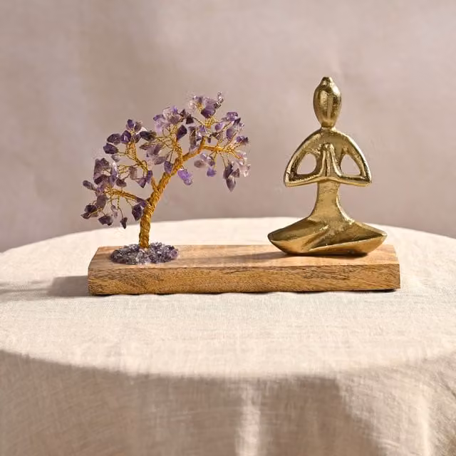 Serenity Amethyst Gemstone Tree Yoga Ornament in Purple, Gold and Multicolour – 1