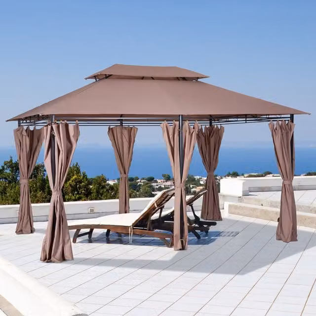 Outsunny 2 Tier Hip Roof Outdoor Gazebo with Steel Frame in Brown, W/D: 300 x 300 cm