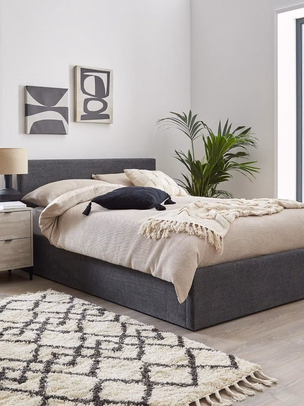 Porto Double Storage Ottoman Bed in Dark Grey Textural Chenille Fabric, W/D/H: 140 x 200 x 88 cm