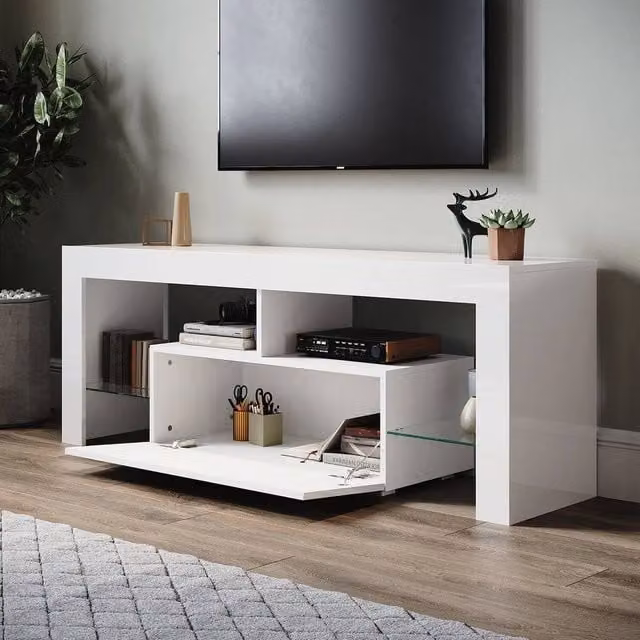 Spetlek Modern High Gloss White TV Stand Cabinet Unit with Drawer, W: 100 cm, D: 15 cm – 1