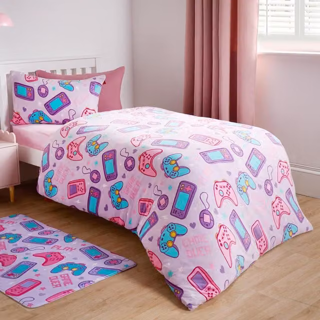 OHS Gaming Print Fleece Duvet Cover Set in Purple