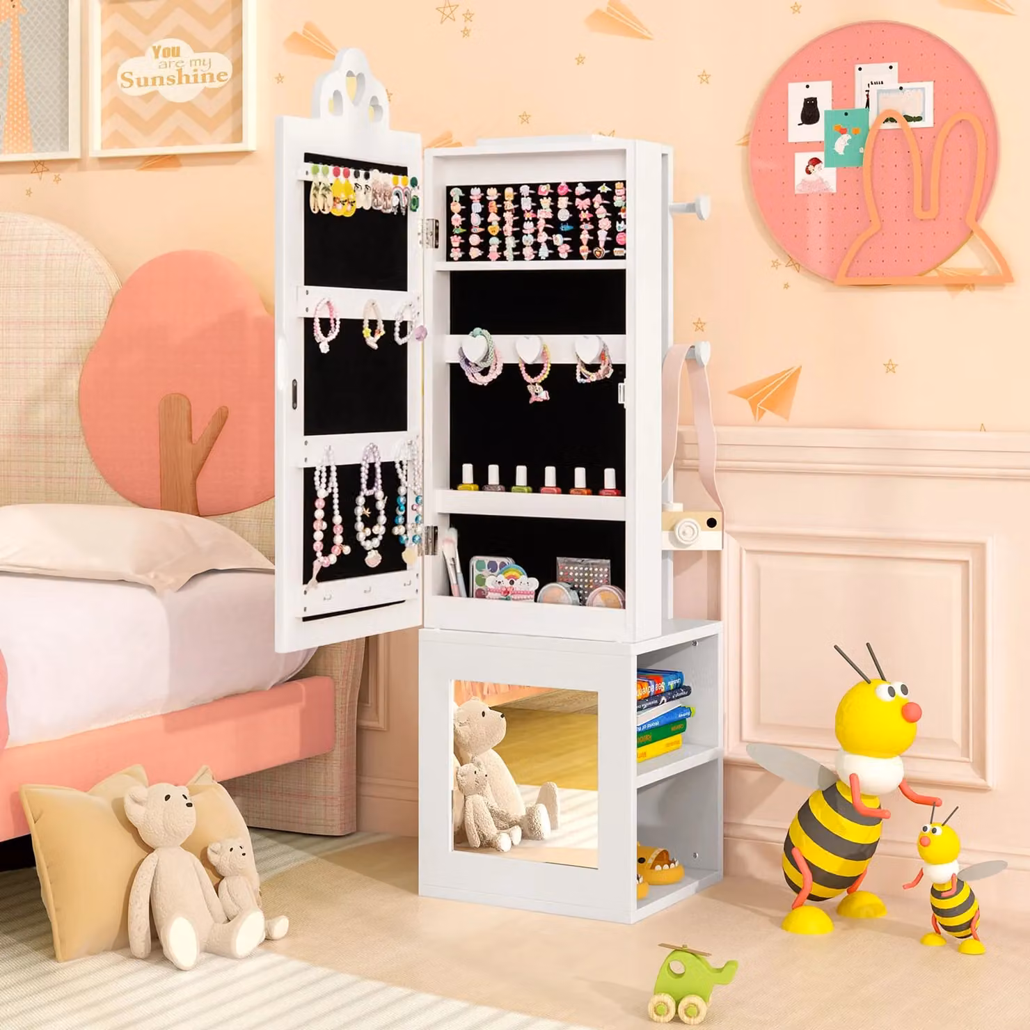 Costway Kids 3-in-1 Jewelry Armoire and Storage Organiser with Mirror in White, H 117.0 x W 34.0 cm – 3
