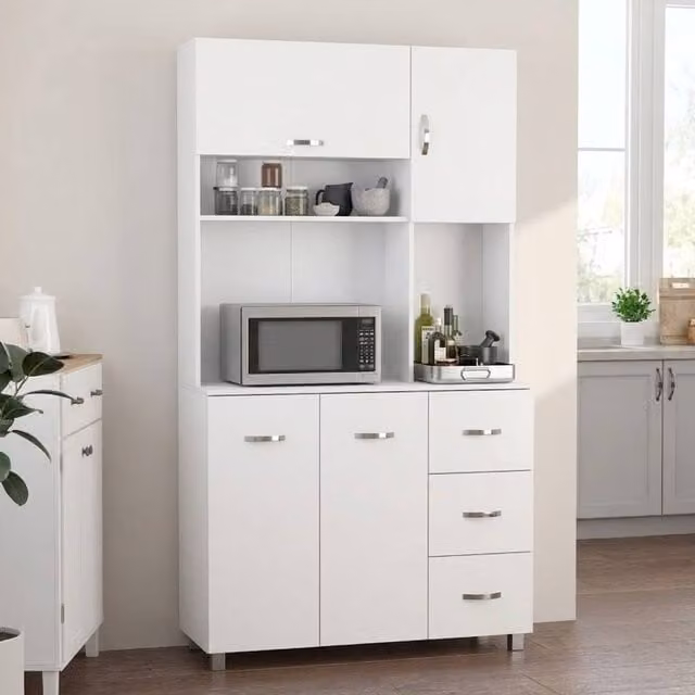 STILVORA Tall Kitchen Storage Cabinet in White with Drawers and Shelves – 1