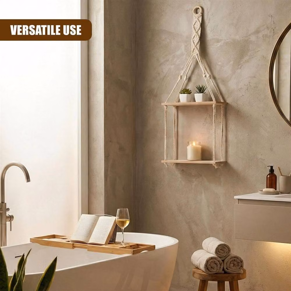 PAWNORA 2 Tier Rustic Rope Floating Shelves in Natural Brown and Sand, W/D/H: 30 x 10 x 72 cm – 3